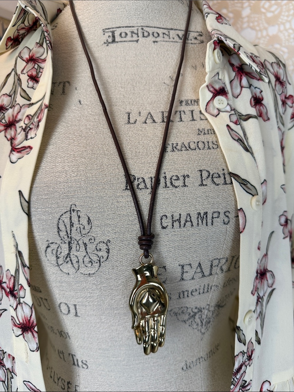 Gyan Mudra Gold Tone Large Hand Pendant Necklace Brown Leather Cord 18" drop